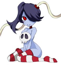 Rule 34 | 1girl, bare shoulders, blue skin, blush, breasts, choker, cleavage, colored skin, hair over one eye, lowres, misaki naoe, red eyes, side ponytail, skull, skullgirls, squigly (skullgirls), stitched mouth, stitches, striped legwear, zombie