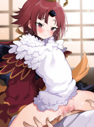Rule 34 | 1boy, 1girl, apron, bad id, bad pixiv id, benienma (fate), bird hat, blush, breasts, brown headwear, clothed sex, cowgirl position, fate/grand order, fate (series), girl on top, hetero, highres, japanese clothes, kimono, long hair, long sleeves, looking at viewer, low ponytail, nonoyama, parted bangs, penis, pussy, red eyes, red hair, red kimono, sex, small breasts, spread legs, straddling, thighs, vaginal, very long hair, white apron, wide sleeves