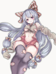Rule 34 | 1girl, absurdres, adapted costume, arm behind back, bare shoulders, black thighhighs, bow, breasts, collared shirt, crop top, cropped shirt, detached sleeves, feet out of frame, fujiwara no mokou, grey shirt, hair bow, half-closed eyes, highres, long hair, looking at viewer, low-tied long hair, medium breasts, midriff, multiple hair bows, navel, open clothes, open fly, open mouth, open shorts, outstretched arm, parted bangs, purple eyes, red shorts, shirt, shorts, silver hair, simple background, skindentation, sleeping ear, sleeves past wrists, solo, stomach, suspenders, thigh gap, thighhighs, tied shirt, torn clothes, torn shirt, torn shorts, torn sleeves, torn thighhighs, touhou, undersized clothes, very long hair, white background, wing collar