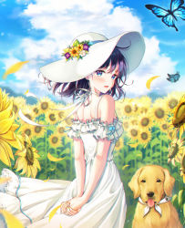 Rule 34 | 1girl, :d, animal, arms behind back, bad id, bad pixiv id, bare shoulders, blue eyes, blue sky, blurry, blurry background, blush, bug, butterfly, cloud, cloudy sky, day, depth of field, dog, dress, field, fingernails, flower, flower field, foreign blue, hat, hat flower, highres, insect, long hair, looking at viewer, looking back, nail polish, open mouth, original, outdoors, own hands together, petals, purple flower, purple hair, sky, smile, solo, sun hat, sunflower, sunflower field, white dress, white flower, white hat, yellow nails