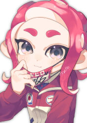 Rule 34 | 1girl, grey eyes, highres, long sleeves, mask, mouth mask, nintendo, octoling girl, octoling player character, red hair, sahata saba, short hair, simple background, solo, splatoon (series), splatoon 3, tentacle hair, upper body, white background