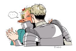Rule 34 | ..., 1boy, 1girl, absurdres, armor, blonde hair, blue capelet, blush, breastplate, capelet, commentary, dungeon meshi, ear blush, elf, findoworld, full-face blush, furrowed brow, gorget, green eyes, highres, interlocked fingers, kiss, laios touden, marcille donato, pauldrons, pointy ears, ponytail, red ribbon, ribbon, shirt, shoulder armor, signature, speech bubble, spoken ellipsis, sweat, trembling, white background, white shirt
