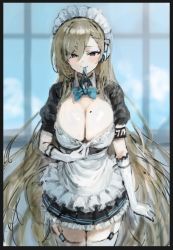 Rule 34 | 1girl, apron, asuna (blue archive), black border, black dress, blue archive, blue bow, blue bowtie, blue eyes, blush, border, bow, bowtie, breasts, cleavage, clothes pull, dress, dress pull, frilled dress, frills, garter straps, gloves, halo, headphones, large breasts, light brown hair, long hair, looking at viewer, maid, maid headdress, mole, mole on breast, mouth hold, short sleeves, solo, sonchi, thighhighs, very long hair, white apron, white gloves, white thighhighs, window