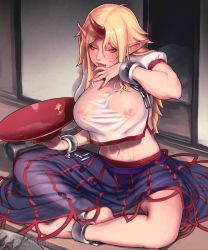 Rule 34 | 1girl, ankle cuffs, blonde hair, blue skirt, bottle, breasts, commentary request, cuffs, cup, drunk, envenomist (gengoroumaru), full body, hair between eyes, highres, horns, hoshiguma yuugi, large breasts, long hair, looking at viewer, midriff, nail polish, nipples, pointy ears, puffy short sleeves, puffy sleeves, red eyes, red nails, sakazuki, see-through, shirt, short sleeves, single horn, sitting, skirt, solo, touhou, twitter username, wet, wet clothes, white shirt