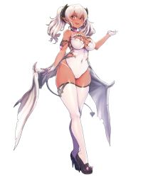 Rule 34 | 1girl, ayaki, breasts, colored eyelashes, dark-skinned female, dark skin, demon girl, highres, horns, leotard, long hair, low wings, open mouth, original, pointy ears, skin tight, solo, thighhighs, twintails, two side up, white hair, white thighhighs, wings