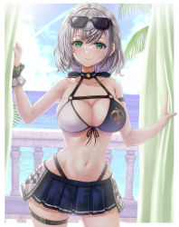 Rule 34 | 1girl, absurdres, bikini, blue bikini, blue sky, breasts, cleavage, closed mouth, cloud, collarbone, commentary request, curtains, day, eyewear on head, green eyes, highres, hololive, large breasts, looking at viewer, mole, mole on breast, ocean, shirogane noel, shirogane noel (summer 2020), short hair, silver hair, sky, smile, solo, sunglasses, swimsuit, thighs, two-tone bikini, virtual youtuber, wajuniorbox, white bikini