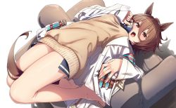 Rule 34 | 1girl, absurdres, agnes tachyon (umamusume), animal ears, barefoot, blue neckwear, blush, breasts, brown hair, chair, hair between eyes, highres, horse ears, horse girl, horse tail, lab coat, long sleeves, medium breasts, open mouth, red eyes, shadow, shinomu (cinomoon), short hair, simple background, sleeves past wrists, solo, sweater vest, tail, test tube, thighs, umamusume, vest, white background