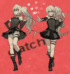 Rule 34 | 10s, 1boy, :d, androgynous, bare shoulders, belt, black-framed eyewear, black footwear, black panties, black shirt, black skirt, boots, character sheet, choker, collar, crossdressing, detached sleeves, frilled shirt, frilled skirt, frills, full body, gatchaman crowds, ginka sima, glasses, holding, long sleeves, looking at viewer, looking to the side, male focus, miniskirt, monochrome, ninomiya rui, open mouth, panties, pantyshot, petticoat, pointing, ponytail, red background, shirt, shoes, side ponytail, simple background, skirt, sleeves past wrists, smile, solo, standing, star (symbol), strapless, thigh gap, thigh strap, trap, tube top, underwear, wig