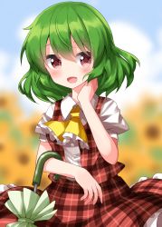 Rule 34 | 1girl, ascot, blush, buttons, collared shirt, green hair, hair between eyes, highres, kazami yuuka, open mouth, plaid, plaid skirt, plaid vest, red eyes, red skirt, red vest, ruu (tksymkw), shirt, short hair, short sleeves, skirt, smile, solo, touhou, umbrella, upper body, vest, white shirt, yellow ascot