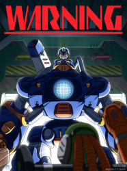 Rule 34 | 2boys, backlighting, blurry, clenched teeth, copyright name, dated, depth of field, evil grin, evil smile, glitcher, green eyes, grin, looking at viewer, machinery, mecha, mega man (series), mega man x8, x (mega man), mega man x (series), multiple boys, ride armor, robot, role reversal, sign, smile, sweatdrop, teeth, vile (mega man), warning sign, watermark