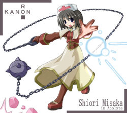 Rule 34 | 1girl, acolyte (cosplay), acolyte (ragnarok online), black hair, blue eyes, brooch, capelet, chain, character name, cloak, copyright name, cosplay, cross, crossover, flail, full body, gloves, hat, holding, holding weapon, jewelry, kanon, looking at viewer, mace, misaka shiori, morning star, nurse cap, outstretched arm, poring, ragnarok online, red gloves, short hair, simple background, solo, spiked mace, spikes, weapon, white background