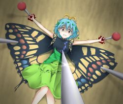 Rule 34 | 1girl, antennae, blood, blue hair, brown eyes, butterfly wings, commentary request, crying, crying with eyes open, dress, eternity larva, from above, green dress, guro, hair ornament, impaled, insect wings, knees together feet apart, leaf hair ornament, mini person, minigirl, needle, pinned, scared, short hair, sleeveless, sleeveless dress, solo, tears, torture, touhou, trembling, wings, yyi