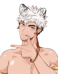 Rule 34 | 1boy, absurdres, animal ears, armband, bara, bare pectorals, blackkdogg, blue eyes, bracelet, ear piercing, highres, jewelry, licking, looking at viewer, male focus, muscular, muscular male, original, pectoral cleavage, pectorals, piercing, tiger boy, tiger ears, topless male, white hair