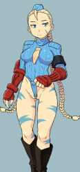 Rule 34 | 1990s (style), 1girl, ahoge, armband, bad id, bad pixiv id, blonde hair, blue eyes, blue leotard, boots, braid, breasts, cammy white, expressionless, female pubic hair, fingerless gloves, frontal wedgie, garrison cap, gloves, hairline, hat, knee boots, leotard, leotard pull, long hair, medium breasts, no panties, partially visible vulva, pubic hair, retro artstyle, scar, shoulder pads, solo, street fighter, street fighter zero (series), thong leotard, tsukudani (coke-buta), twin braids, wedgie