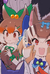 Rule 34 | animal ears, blue hair, bow, bowtie, brown eyes, brown hair, chipmunk ears, chipmunk girl, dire wolf (kemono friends), extra ears, gloves, hair ornament, hairpin, highres, kemono friends, kemono friends v project, kitsunetsuki itsuki, long hair, looking at viewer, microphone, multiple girls, ribbon, shirt, short hair, siberian chipmunk (kemono friends), simple background, translation request, vest, virtual youtuber, wolf ears, wolf girl