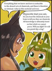Rule 34 | 2girls, :d, absurdres, animal ears, animal hands, anubis (monster girl encyclopedia), black border, black hair, border, clothes grab, collar, english text, eye contact, fang, fangs, green eyes, green hair, gyate gyate, hhhori, highres, long hair, looking at another, meme, monster girl, monster girl encyclopedia, multiple girls, open mouth, outline, parody, photo-referenced, red eyes, signature, simple background, smile, speech bubble, sweatdrop, white outline, wide-eyed, wolf ears, yellow background
