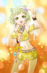 Rule 34 | 10s, 1girl, belt, blush, blush stickers, bow, colorized, detached sleeves, double bun, earrings, flower, frills, gloves, green eyes, green hair, hair flower, hair ornament, hairband, highres, holding, huang baoling, jewelry, pantyhose under shorts, lightning bolt symbol, matching hair/eyes, microphone, midriff, nail polish, navel, nishida asako, open mouth, pantyhose, short hair, short shorts, shorts, solo, tiger &amp; bunny