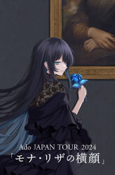 Rule 34 | 1girl, ado (utaite), black dress, black hair, blue eyes, blue flower, blue hair, blue rose, chando (ado), closed mouth, colored inner hair, commentary request, dress, fine art parody, floating hair, flower, highres, holding, holding flower, lace, long hair, looking at viewer, mona lisa, multicolored hair, painting (object), parody, rain (rain910), rose, sidelocks, solo, translation request, utaite