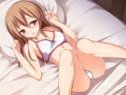 Rule 34 | 10s, 1girl, bad id, bad pixiv id, bed, blush, brown hair, hair down, lying, on back, red eyes, shikano sumiaki, silica, solo, sword art online, underwear, underwear only