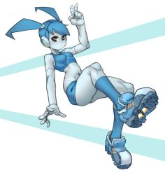 Rule 34 | 1girl, absurdres, black eyes, blue hair, blue skirt, blue sports bra, commentary, english commentary, falling, full body, highres, jenny wakeman, joints, kelvin hiu, looking at viewer, miniskirt, my life as a teenage robot, navel piercing, nickelodeon, piercing, robot, robot ears, robot joints, shoes, skirt, narrow waist, smile, socks, solo, sports bra, thrusters, twintails, v