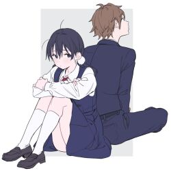 Rule 34 | 1boy, 1girl, ahoge, black footwear, black hair, blue dress, blue eyes, blue jacket, blue pants, blush, brown hair, closed mouth, collared shirt, crossed arms, crossed legs, dress, hair ornament, highres, jacket, kitashirakawa tamako, kneehighs, loafers, long hair, long sleeves, looking at another, low twintails, messy hair, mole, mole on neck, momokumo, ooji mochizou, pants, pinafore dress, pom pom (clothes), pom pom hair ornament, red ribbon, ribbon, school uniform, shirt, shoes, short hair, simple background, sitting, sleeveless, sleeveless dress, socks, tamako love story, tamako market, twintails, white shirt, white socks