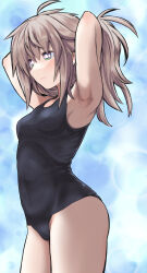 Rule 34 | 1girl, antenna hair, armpits, arms behind head, black one-piece swimsuit, breasts, brown hair, closed mouth, commentary request, cowboy shot, from side, hair between eyes, highres, koshirae tsurugi (m.m), long hair, m.m, old school swimsuit, one-piece swimsuit, original, ponytail, school swimsuit, small breasts, solo, standing, swimsuit, tying hair