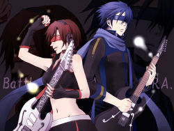 Rule 34 | 1boy, 1girl, back-to-back, bad id, bad pixiv id, blindfold, blue hair, blue scarf, brown hair, guitar, instrument, kaito (vocaloid), meiko (vocaloid), midriff, scarf, short hair, smile, vocaloid