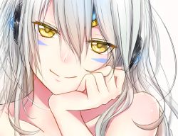 Rule 34 | 1girl, bare shoulders, head rest, closed mouth, collarbone, elsword, eve (elsword), facial mark, forehead jewel, head tilt, headgear, long hair, looking at viewer, moyashi (rina), portrait, silver hair, simple background, smile, solo, white background, yellow eyes