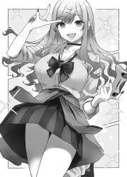Rule 34 | 1girl, arm up, bare legs, black bow, black choker, black footwear, black skirt, blush, border, bow, bowtie, bracelet, breasts, choker, clothes around waist, controller, doushimasho, foot up, gakaku pr, game controller, grey sweater, greyscale, hair ornament, hairclip, hand up, holding, holding controller, holding game controller, jewelry, large breasts, legs, long hair, long sleeves, monochrome, nail polish, open mouth, original, pleated skirt, shirt, shoes, single tooth, skirt, sleeves rolled up, socks, sparkle, standing, standing on one leg, sweater, sweater around waist, tied sweater, white shirt