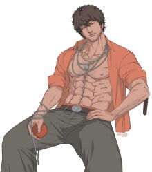 Rule 34 | 1boy, absurdres, bara, bare pectorals, belt, black hair, brown hair, character request, commentary, english commentary, facial hair, highres, jacket, kamii (gloominny), large pectorals, looking at viewer, male focus, mature male, muscular, muscular male, navel, navel hair, open clothes, open jacket, open shirt, pants, pectorals, simple background, solo, stomach, stubble, tekken, topless male, white background