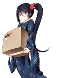 Rule 34 | 1girl, black hair, blue eyes, box, cardboard box, carrying, hataraku maou-sama!, japanese clothes, kamazuki suzuno, kimono, long hair, p book, side ponytail, simple background, solo, white background