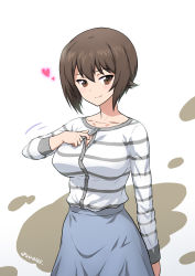 Rule 34 | 10s, 1girl, blush, breasts, brown eyes, brown hair, girls und panzer, joy ride, large breasts, looking at viewer, nishizumi maho, shirt, short hair, skirt, smile, solo, striped clothes, striped shirt, unbuttoning