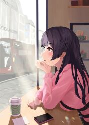 Rule 34 | 1girl, black hair, blush, breasts, brick floor, cafe, cellphone, commentary, cup, disposable cup, double-decker bus, from behind, from side, hand on own chin, highres, idolmaster, idolmaster shiny colors, indoors, looking ahead, mayuzumi fuyuko, medium breasts, phone, pink shirt, profile, shirt, solo, ushimo (dztu8434)