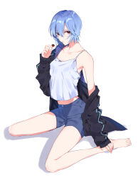 Rule 34 | 1girl, absurdres, ayanami rei, bare legs, barefoot, black cardigan, blue hair, candy, cardigan, clothes down, collarbone, food, full body, grey shorts, hair between eyes, highres, holding, holding candy, holding food, holding lollipop, lollipop, looking at viewer, neon genesis evangelion, open cardigan, open clothes, open mouth, red eyes, shirt, short hair, short shorts, shorts, simple background, sitting, sleeveless, sleeveless shirt, sleeves past wrists, solo, stomach, wariza, white background, white shirt, yoshio 296