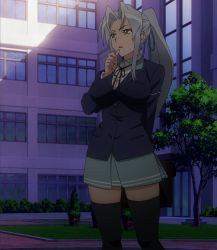 Rule 34 | 1girl, highres, kiba mikoto, miniskirt, school uniform, screencap, skirt, solo, standing, stitched, thighhighs, third-party edit, triage x, white hair, yellow eyes