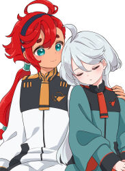 Rule 34 | 2girls, ahoge, asticassia school uniform, black hairband, blue eyes, closed eyes, closed mouth, commentary request, cowlick, dot nose, green jacket, grey hair, gundam, gundam suisei no majo, hair between eyes, hairband, hand on another&#039;s shoulder, highres, jacket, light blush, long hair, long sleeves, low ponytail, miorine rembran, multiple girls, parted lips, red hair, sakura mochi (kanade-8961-uriuri), school uniform, short eyebrows, shorts, shoulder boards, side-by-side, simple background, sleeping, smile, split mouth, suletta mercury, thick eyebrows, very long hair, white background, white jacket, white shorts, wide sleeves