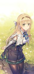 Rule 34 | 1girl, absurdres, anbe yoshirou, atelier (series), atelier ryza, blonde hair, blue neckwear, blue ribbon, bow, braid, breasts, brown eyes, commentary request, detached sleeves, flower, gloves, grass, green eyes, hair bow, hairband, highres, jewelry, klaudia valentz, long hair, looking at viewer, medium breasts, necklace, red shorts, ribbon, shorts, single braid, single glove, sitting, smile, standing, star (symbol), thighhighs, white bow