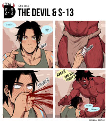 Rule 34 | 2boys, 4koma, abs, absurdres, arm hair, arm tattoo, bara, black hair, blood, blush, brown eyes, closed mouth, collarbone, comic, copyright notice, covering own mouth, demon tail, dominique (the devil and s-13), ear piercing, excessive nosebleed, fundoshi, green tank top, hand over own mouth, highres, japanese clothes, male focus, multiple boys, multiple piercings, navel, navel hair, nipples, nosebleed, pectorals, piercing, pointy ears, short hair, signature, sound effects, sparkle, speech bubble, square 4koma, steen (the devil and s-13), suyohara, tail, tank top, tattoo, the devil and s-13, yaoi