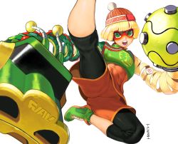 Rule 34 | 1girl, @ @, abs, armor, arms (game), artist name, beanie, blonde hair, blunt bangs, bob cut, chinese clothes, commission, conto, domino mask, dragon (arms), eyebrows visible through mask, flat chest, flying, flying kick, green eyes, green footwear, hat, high kick, incoming attack, incoming punch, kicking, knit hat, mandarin collar, mask, megawatt (arms), midair, min min (arms), multicolored clothes, multicolored hat, open mouth, orange shorts, print headwear, punching, ringed eyes, scale armor, shiny clothes, shoelaces, shoes, short hair, shorts, shorts under shorts, signature, simple background, sneakers, solo, thighs, toned, upshorts, v-shaped eyebrows, white background