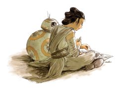 Rule 34 | 1girl, animification, antennae, bandaged arm, bandages, bb-8, belt, brown footwear, brown hair, from behind, full body, grey pants, holding, indian style, matsuri6373, open mouth, pants, profile, rey (star wars), robot, shoe soles, shoes, signature, simple background, sitting, star wars, star wars: the force awakens, white background