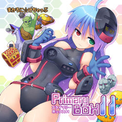 Rule 34 | 1girl, ahoge, album cover, black leotard, black thighhighs, blue gloves, blue hair, boned meat, closed mouth, controller, cover, cowboy shot, dragon, dutch angle, food, game console, game controller, gloves, green eyes, halterneck, heterochromia, honeycomb (pattern), honeycomb background, kurogarasu, leotard, long hair, looking at viewer, meat, multicolored hair, ogre, original, purple hair, rainbow background, red eyes, sega mega drive, single thighhigh, smile, thighhighs, treasure chest