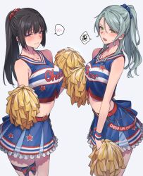 Rule 34 | 2girls, aqua hair, bang dream!, belt, belt buckle, black hair, blue scrunchie, blue shirt, blue skirt, blush, breasts, buckle, closed mouth, collarbone, commentary, crop top, english commentary, green eyes, hair between eyes, hair ornament, hair scrunchie, highres, hikawa sayo, holding, holding pom poms, large breasts, long hair, looking at viewer, medium breasts, midriff, multiple girls, navel, open mouth, pom pom (cheerleading), pom poms, ponytail, purple eyes, red belt, red scrunchie, scrunchie, shirokane rinko, shirt, sidelocks, simple background, skirt, sleeveless, sleeveless shirt, sou (kanade 3344), spoken blush, spoken squiggle, squiggle, sweatdrop, thigh strap, white background