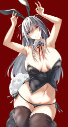 Rule 34 | 1girl, absurdres, alexi oekaki, animal ears, armpits, arms up, bare arms, bare shoulders, black footwear, black thighhighs, blue eyes, blush, breasts, cleavage, closed mouth, detached collar, grey hair, highres, kneeling, large breasts, leotard, long hair, looking at viewer, mole, mole on breast, navel, original, playboy bunny, rabbit ears, red background, simple background, thighhighs