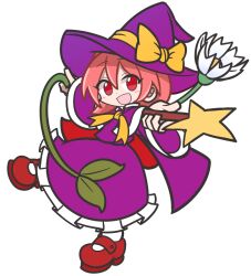 Rule 34 | 1girl, :d, bow, cape, capelet, dress, flower, frilled skirt, frills, full body, hat, hat bow, holding, holding wand, kirisame marisa, kirisame marisa (pc-98), long sleeves, mary janes, open mouth, orange hair, parody, purple cape, purple capelet, purple dress, purple headwear, purple skirt, puyopuyo, red eyes, red footwear, red hair, shinmon akika, shoes, short hair, simple background, skirt, smile, socks, standing, standing on one leg, star (symbol), style parody, touhou, touhou (pc-98), wand, white background, white flower, white socks, witch hat, yellow bow