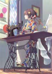 Rule 34 | 1girl, absurdres, balloon, bird, birdcage, braid, braided bun, brown eyes, brown hair, cage, closed mouth, day, fabric, flower, from below, gin (oyoyo), hair bun, hair flower, hair ornament, hair ribbon, highres, indoors, japanese clothes, kimono, looking outside, multicolored clothes, multicolored kimono, obi, original, painting (object), portrait (object), profile, ribbon, sash, sewing machine, sitting, smile, solo, tabi, window