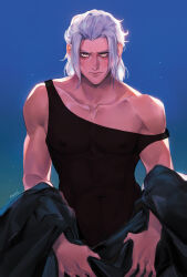 Rule 34 | 1boy, black shirt, black tank top, blue background, closed mouth, collarbone, covered erect nipples, covered navel, emet-selch, eyelashes, final fantasy, final fantasy xiv, highres, holding robe, light particles, looking at viewer, male focus, namikaze (dobbyka), off shoulder, pectorals, shirt, signature, solo, straight-on, tank top, white hair, yellow eyes