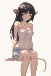 Rule 34 | 1girl, animal ears, arms at sides, artist name, bare arms, bare shoulders, black hair, blunt bangs, blush, bra visible through clothes, breasts, closed eyes, closed mouth, collarbone, highres, invisible chair, long hair, medium breasts, miura-n315, see-through, simple background, sitting, smile, solo, tail, utawarerumono, utawarerumono: itsuwari no kamen, very long hair, yellow background, yuzuha (utawarerumono)