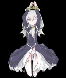 Rule 34 | 1girl, black background, black dress, blue eyes, chain, closed mouth, dress, error1980, highres, honkai (series), honkai impact 3rd, long hair, long sleeves, looking at viewer, nun, panties, simple background, solo, theresa apocalypse, theresa apocalypse (valkyrie pledge), thighhighs, torn clothes, torn dress, underwear, white hair, white panties, white thighhighs