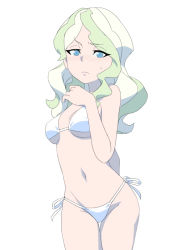 Rule 34 | 1girl, arm behind back, bikini, blonde hair, blue eyes, blush, breasts, commentary request, covered erect nipples, cowboy shot, diana cavendish, embarrassed, flipped hair, frown, groin, hand up, little witch academia, long hair, looking at viewer, medium breasts, micro bikini, multicolored hair, navel, raised eyebrow, revision, satochi, side-tie bikini bottom, simple background, solo, sweatdrop, swimsuit, wavy hair, white background, white bikini