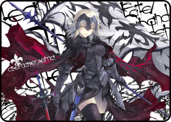 Rule 34 | 1girl, ahoge, armor, armored dress, artist name, banner, black thighhighs, blonde hair, chain, copyright name, fate/grand order, fate (series), gauntlets, hair between eyes, headpiece, highres, huge ahoge, jeanne d&#039;arc (fate), jeanne d&#039;arc alter (avenger) (fate), jeanne d&#039;arc alter (fate), kobayashi yoshitaka, looking at viewer, scabbard, sheath, smirk, solo, sword, thighhighs, weapon, yellow eyes, zettai ryouiki